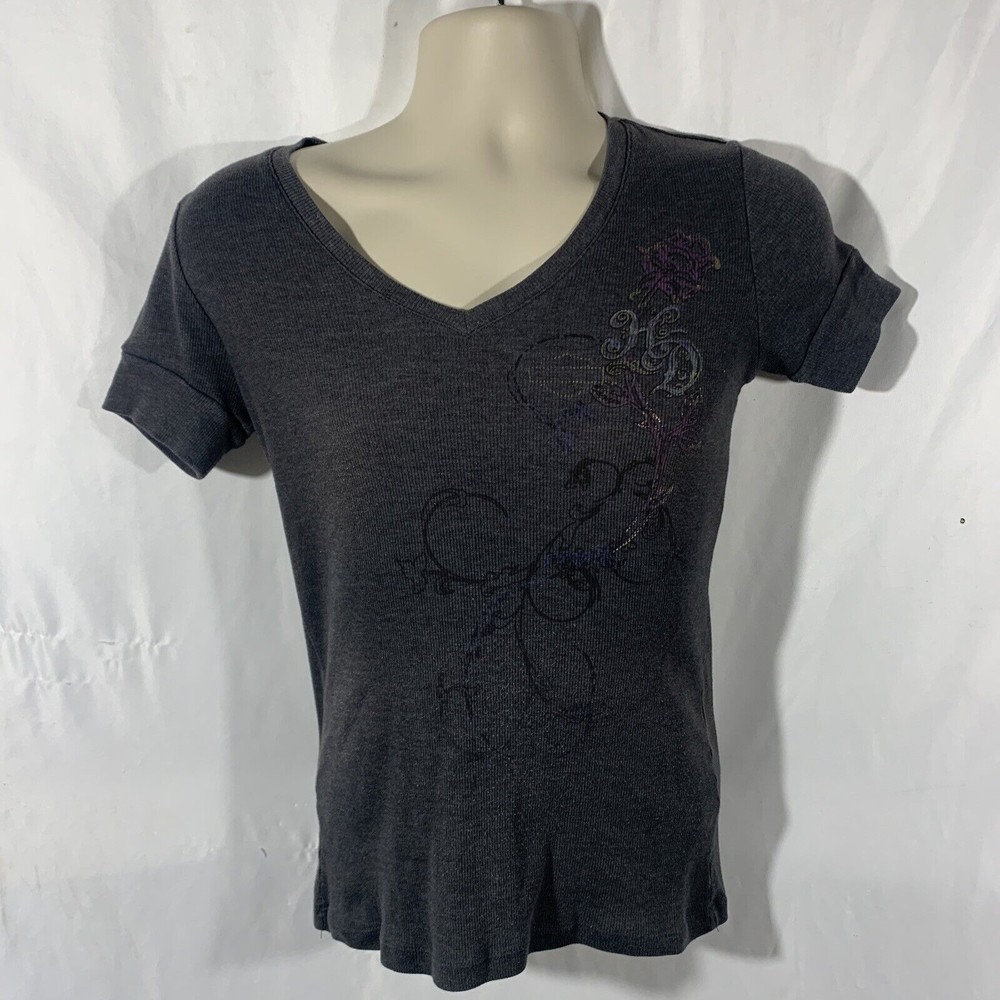 Harley Davidson Gray Women's V Neck Short Sleeve Shirt Sz Large Fairbanks Alaska